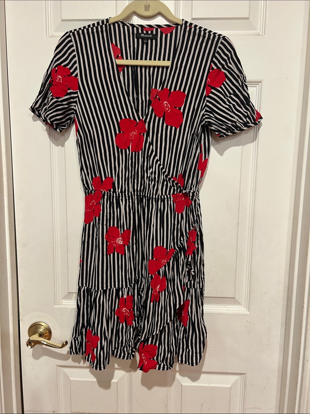 Madewell Black & White Striped Dress with Red Floral Print